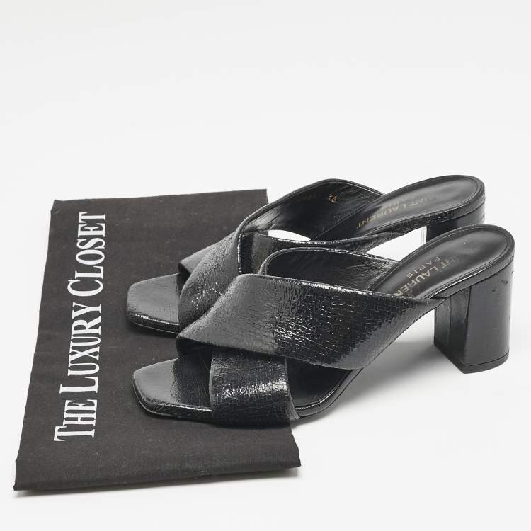 Pre Owned Saint Laurent Black Leather Loulou Cross Strap Slide Sandals Size 36