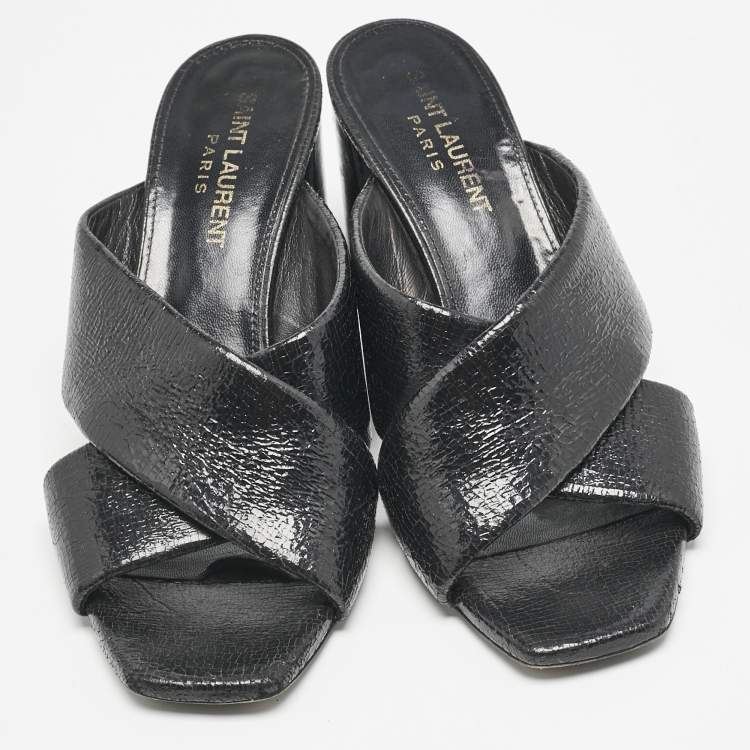 Pre Owned Saint Laurent Black Leather Loulou Cross Strap Slide Sandals Size 36