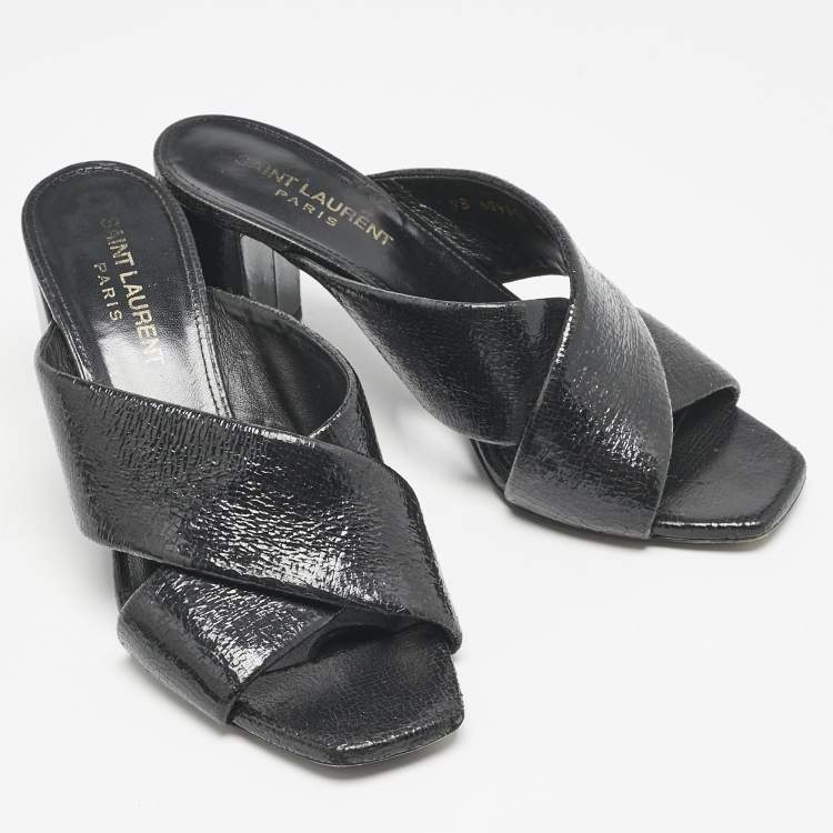 Pre Owned Saint Laurent Black Leather Loulou Cross Strap Slide Sandals Size 36