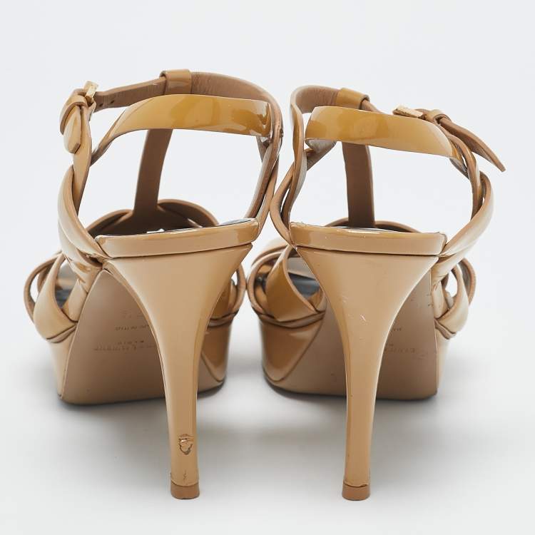 Pre Owned Saint Laurent Beige Patent Leather Tribute Platform Sandals Size 37.5