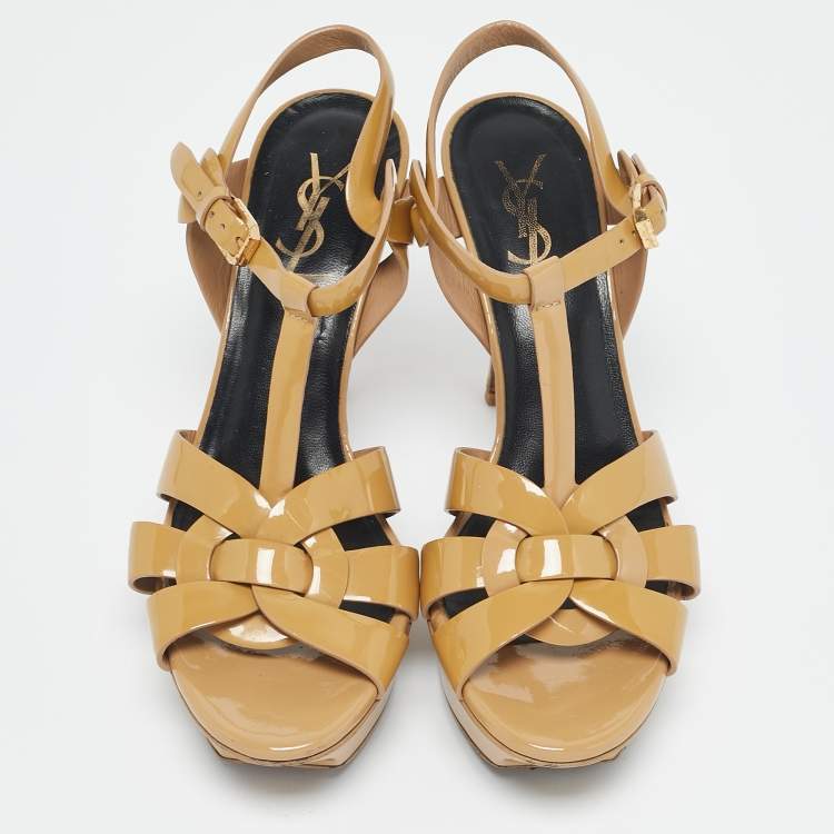 Pre Owned Saint Laurent Beige Patent Leather Tribute Platform Sandals Size 37.5