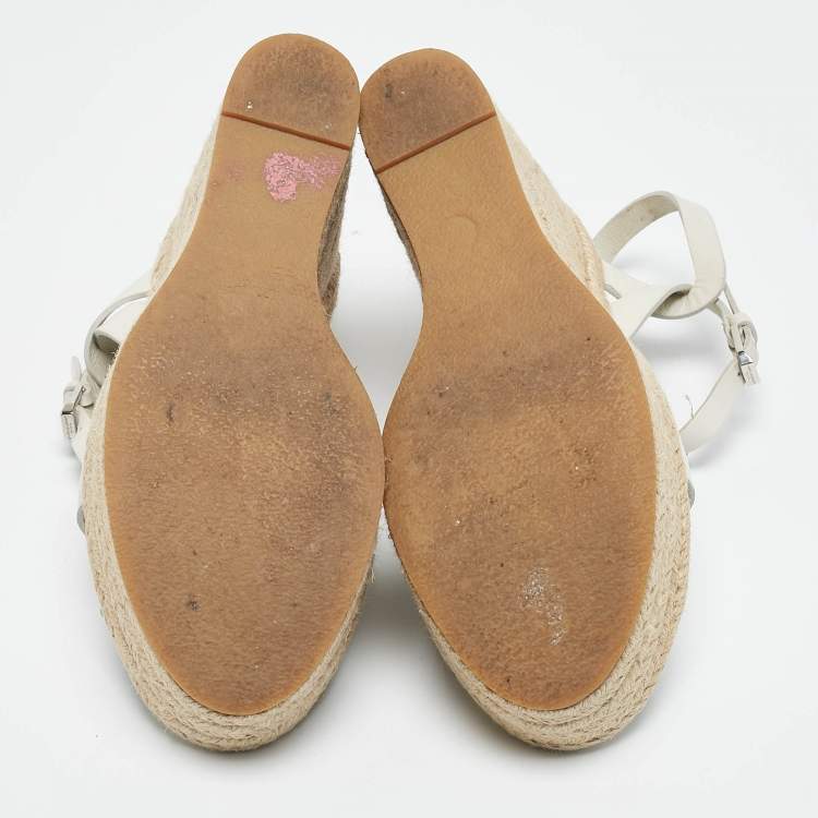 Pre Owned Saint Laurent White Leather Tribute Wedge Platform Espadrille Sandals Size 39