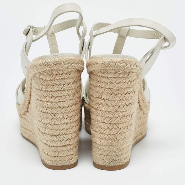 Pre Owned Saint Laurent White Leather Tribute Wedge Platform Espadrille Sandals Size 39