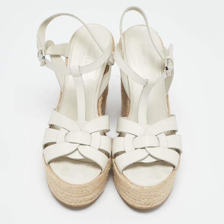 Pre Owned Saint Laurent White Leather Tribute Wedge Platform Espadrille Sandals Size 39