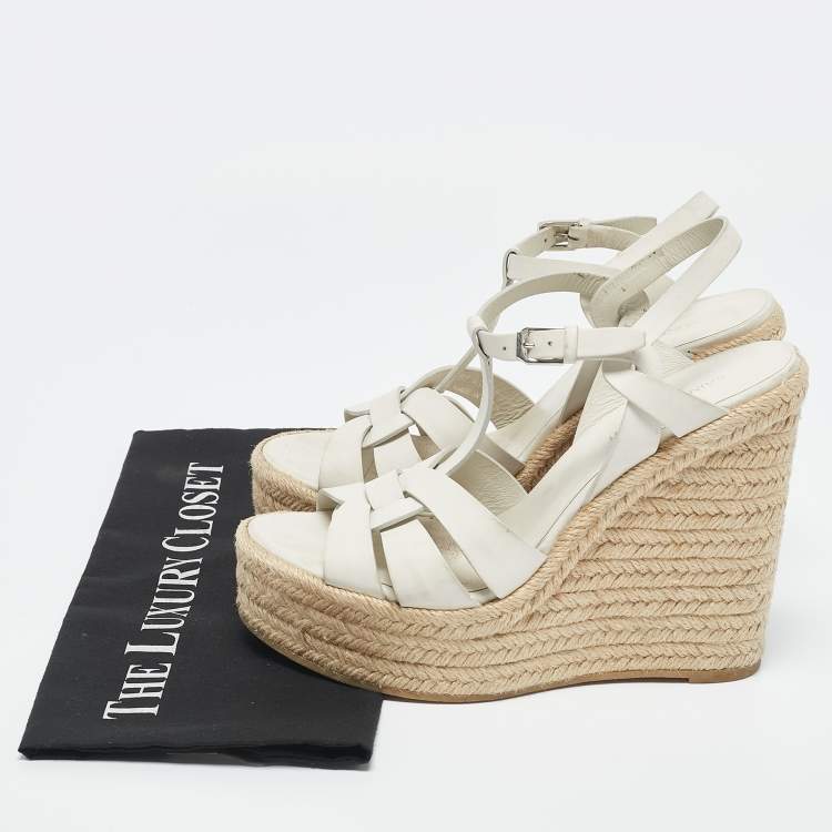 Pre Owned Saint Laurent White Leather Tribute Wedge Platform Espadrille Sandals Size 39