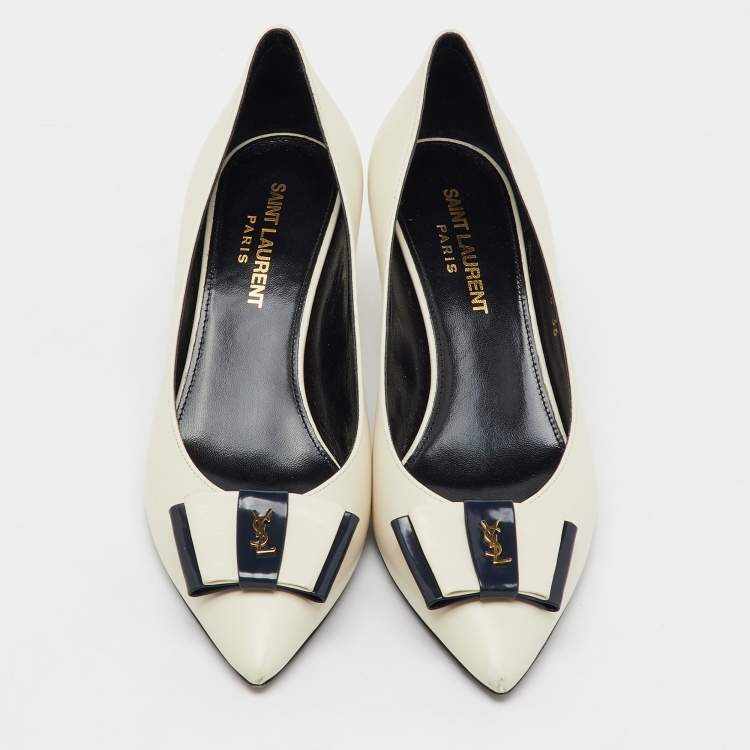 Pre Owned Saint Laurent Off White/Navy Leather Anai YSL Bow Pumps Size 36