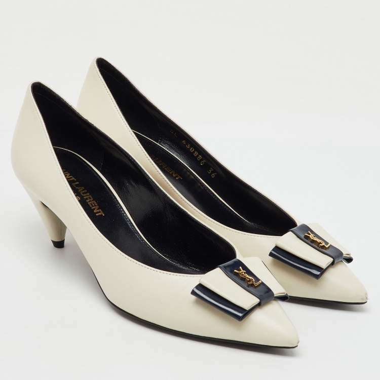 Pre Owned Saint Laurent Off White/Navy Leather Anai YSL Bow Pumps Size 36
