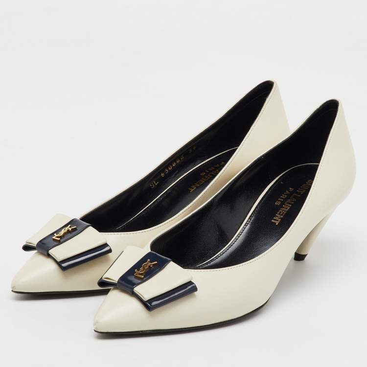 Pre Owned Saint Laurent Off White/Navy Leather Anai YSL Bow Pumps Size 36