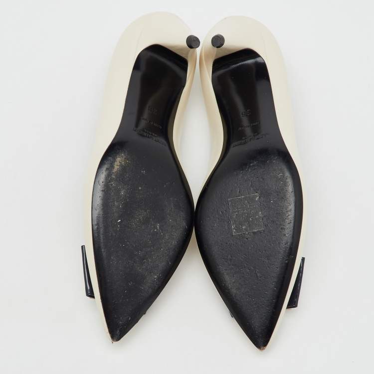 Pre Owned Saint Laurent Off White/Navy Leather Anai YSL Bow Pumps Size 36