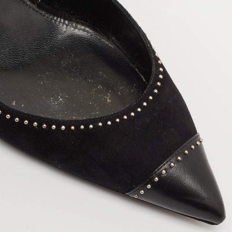 Pre Owned Saint Laurent Black Leather and Suede Charlotte Studded Slingback Pumps Size 39.5