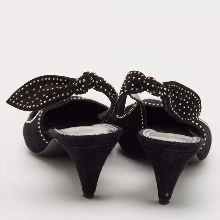 Pre Owned Saint Laurent Black Leather and Suede Charlotte Studded Slingback Pumps Size 39.5