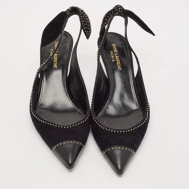 Pre Owned Saint Laurent Black Leather and Suede Charlotte Studded Slingback Pumps Size 39.5