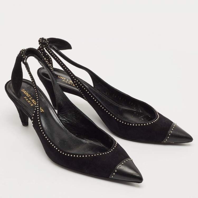 Pre Owned Saint Laurent Black Leather and Suede Charlotte Studded Slingback Pumps Size 39.5