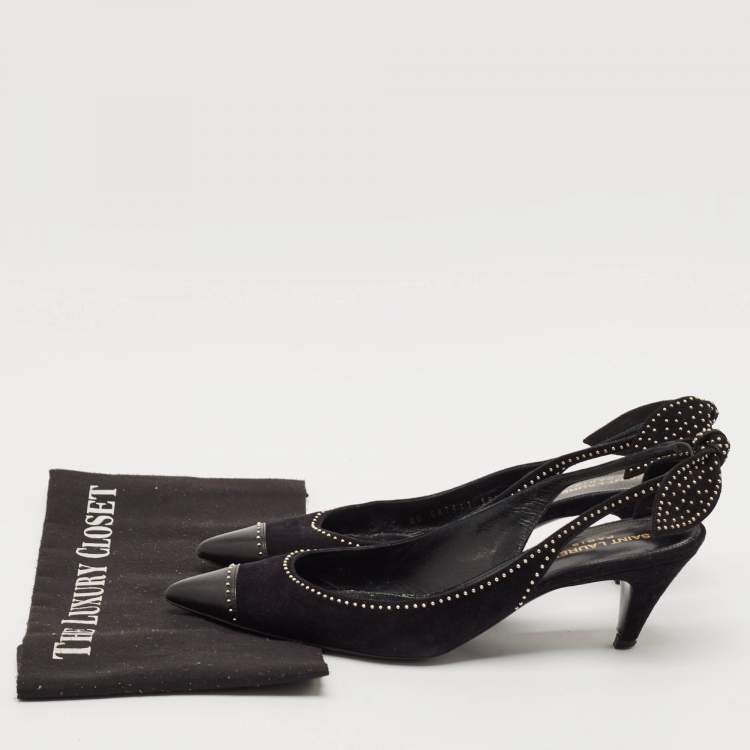 Pre Owned Saint Laurent Black Leather and Suede Charlotte Studded Slingback Pumps Size 39.5