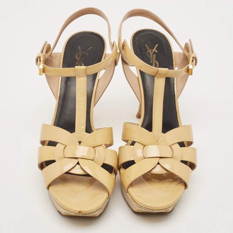 Pre Owned Saint Laurent Beige Patent Leather Tribute Platform Ankle Strap Sandals Size 41