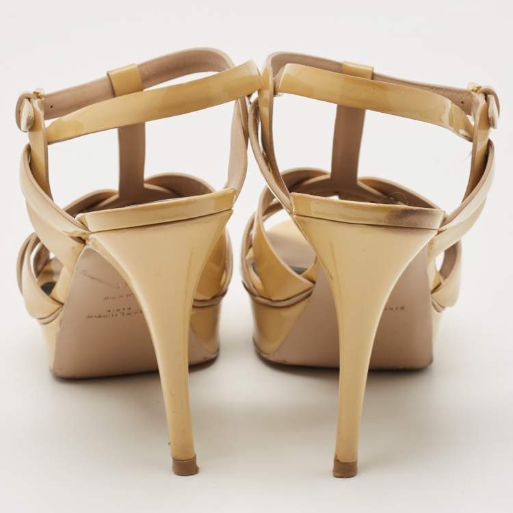 Pre Owned Saint Laurent Beige Patent Leather Tribute Platform Ankle Strap Sandals Size 41