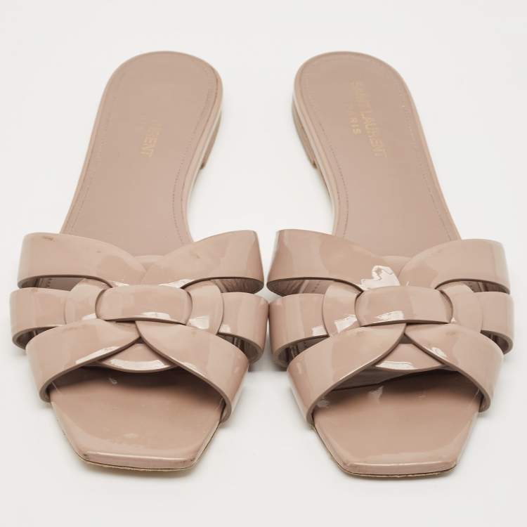 Pre Owned Saint Laurent Beige Patent Leather Tribute Flat Sandals Size 41.5