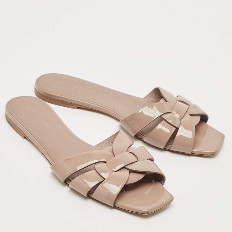 Pre Owned Saint Laurent Beige Patent Leather Tribute Flat Sandals Size 41.5