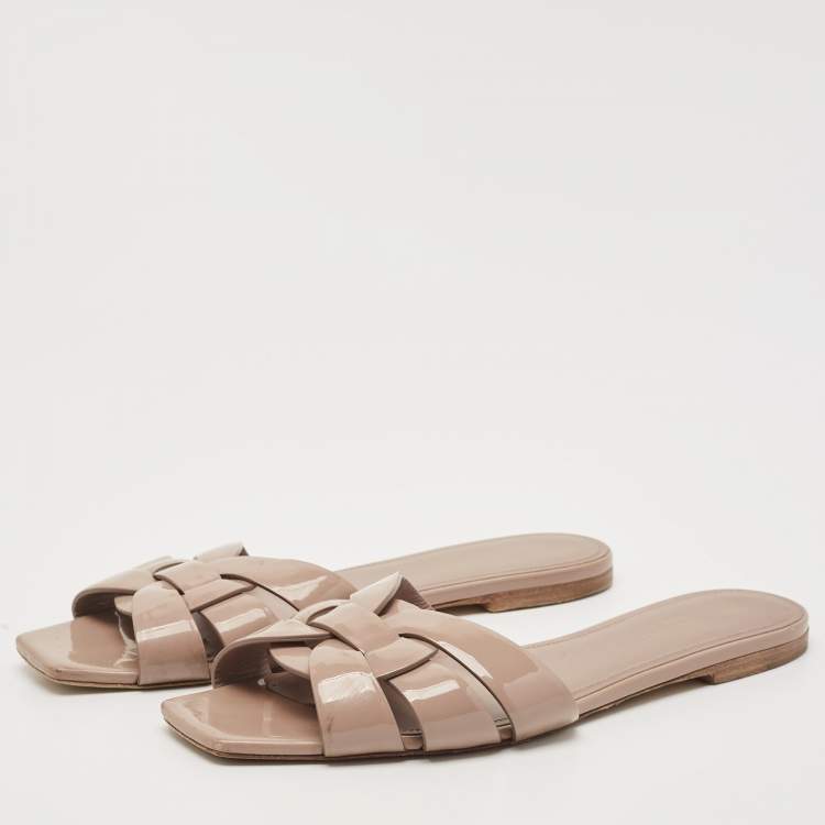 Pre Owned Saint Laurent Beige Patent Leather Tribute Flat Sandals Size 41.5