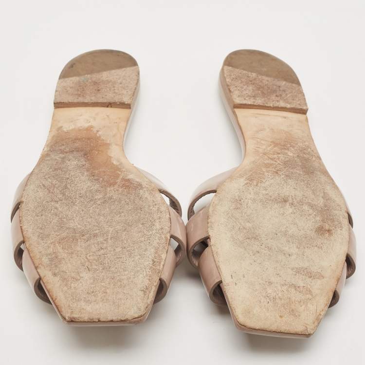 Pre Owned Saint Laurent Beige Patent Leather Tribute Flat Sandals Size 41.5