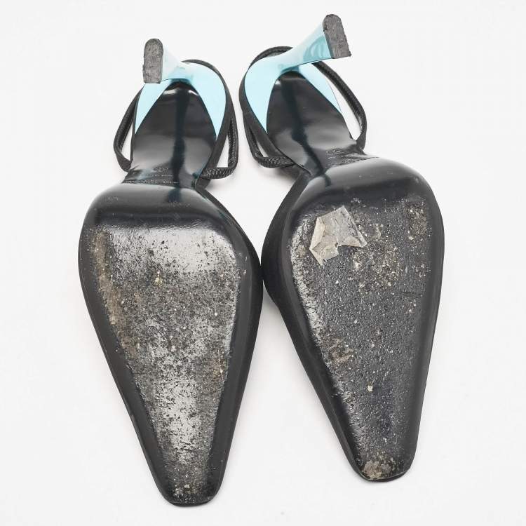 Pre Owned Saint Laurent Black/Blue Fabric Blade Slingback Pumps Size 38