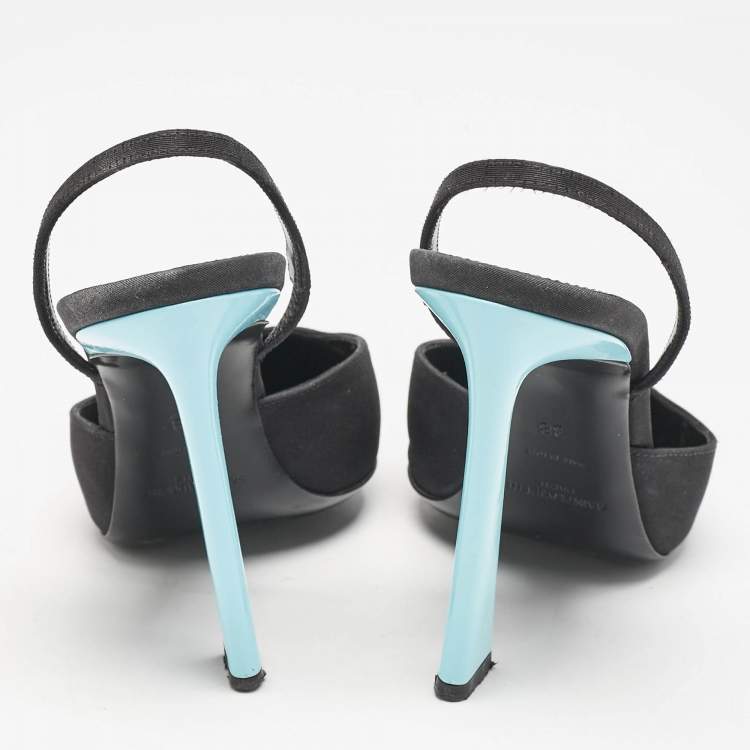 Pre Owned Saint Laurent Black/Blue Fabric Blade Slingback Pumps Size 38
