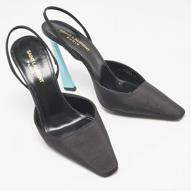 Pre Owned Saint Laurent Black/Blue Fabric Blade Slingback Pumps Size 38