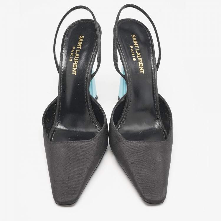 Pre Owned Saint Laurent Black/Blue Fabric Blade Slingback Pumps Size 38