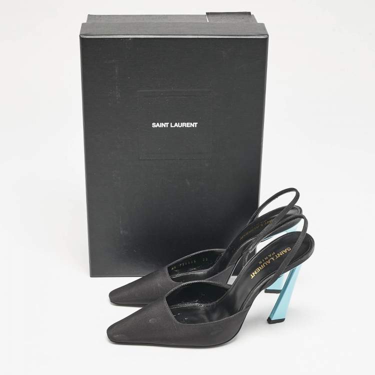 Pre Owned Saint Laurent Black/Blue Fabric Blade Slingback Pumps Size 38