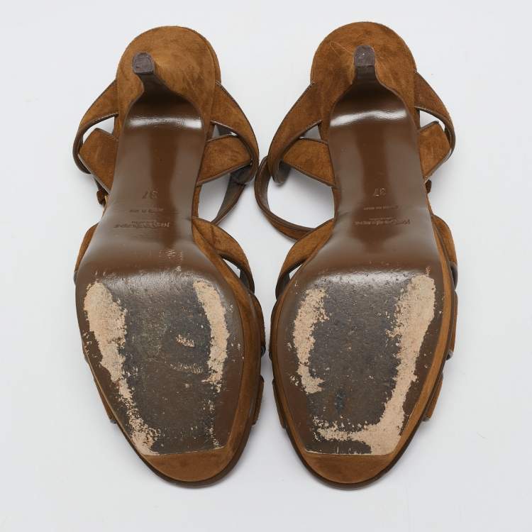 Pre Owned Yves Saint Laurent Brown Suede Tribute Platform Sandals Size 37