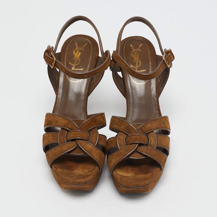 Pre Owned Yves Saint Laurent Brown Suede Tribute Platform Sandals Size 37
