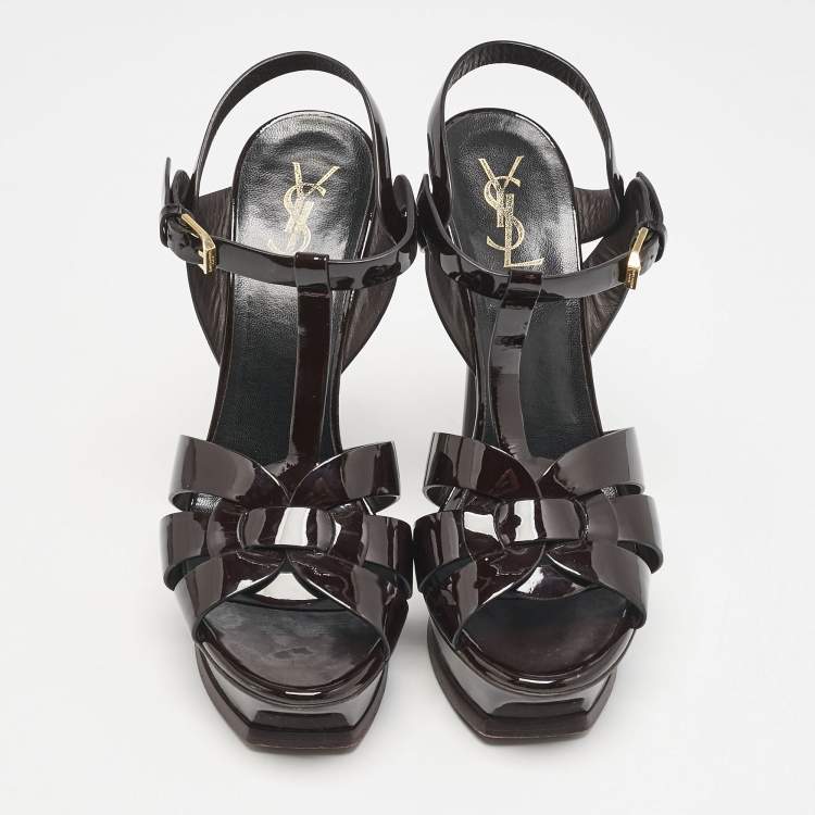 Pre Owned Saint Laurent Burgundy Patent Leather Tribute Platform Sandals Size 39