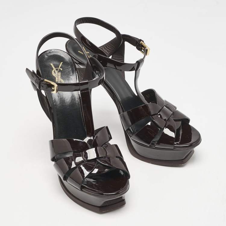 Pre Owned Saint Laurent Burgundy Patent Leather Tribute Platform Sandals Size 39