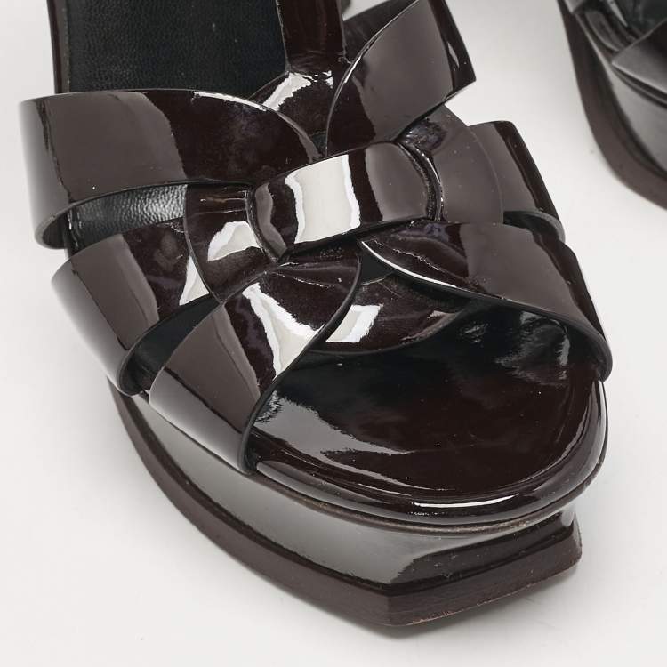 Pre Owned Saint Laurent Burgundy Patent Leather Tribute Platform Sandals Size 39
