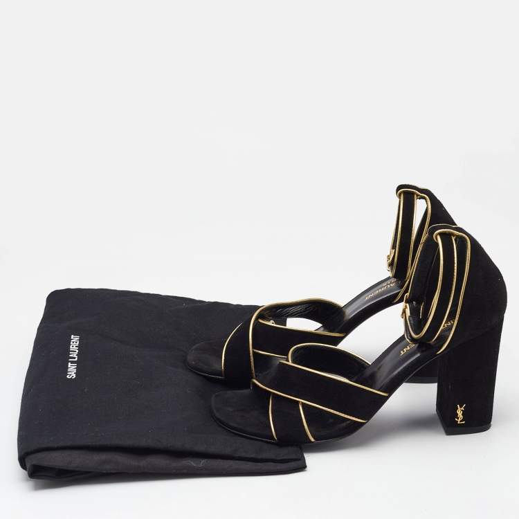 Pre Owned Saint Laurent Black/Gold Suede and Leather Ankle Strap Sandals Size 37.5