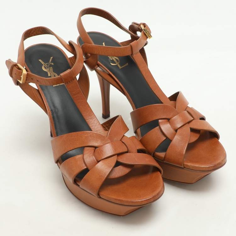 Pre Owned Saint Laurent Brown Leather Tribute Platform Sandals Size 39.5