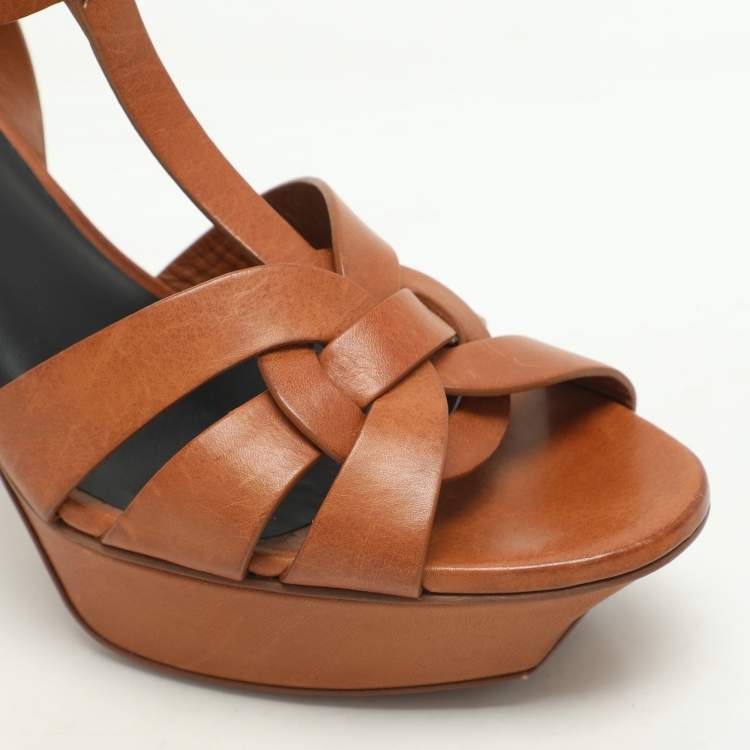 Pre Owned Saint Laurent Brown Leather Tribute Platform Sandals Size 39.5