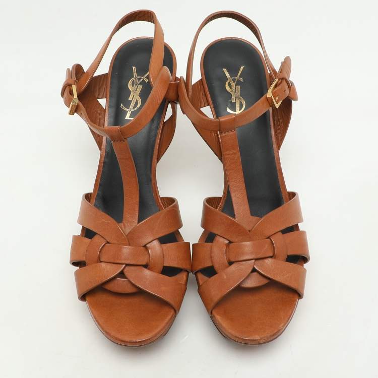 Pre Owned Saint Laurent Brown Leather Tribute Platform Sandals Size 39.5
