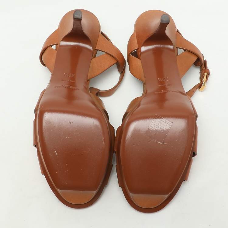 Pre Owned Saint Laurent Brown Leather Tribute Platform Sandals Size 39.5