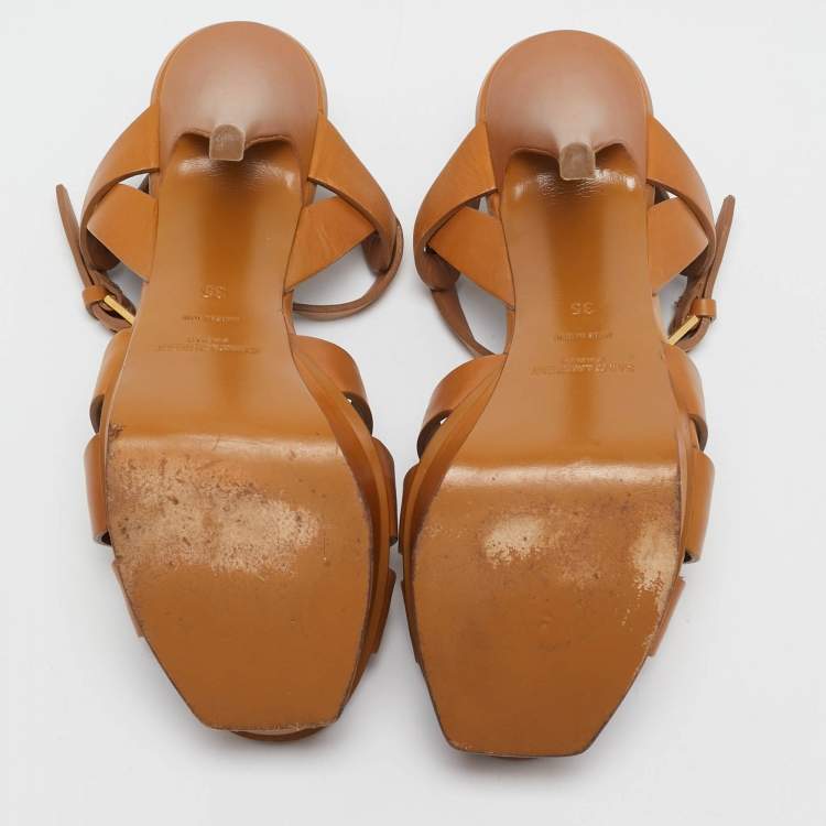 مملوكة مسبقًا Saint Laurent Tan Leather Tribute Ankle Strap Sandals Size 35