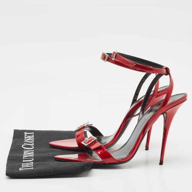 Pre Owned Saint Laurent Red Patent Leather Ankle Strap Sandals Size 39