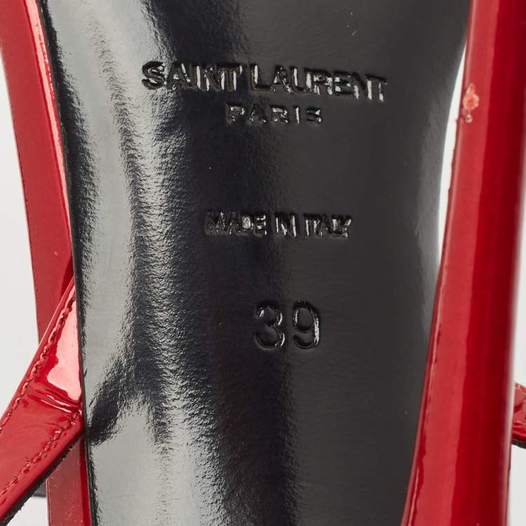 Pre Owned Saint Laurent Red Patent Leather Ankle Strap Sandals Size 39