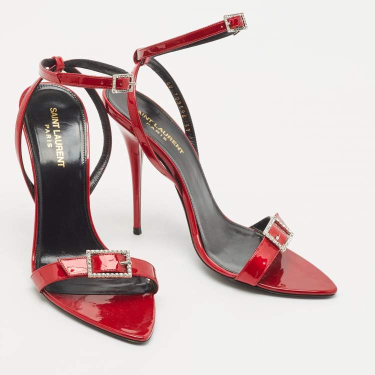 Pre Owned Saint Laurent Red Patent Leather Ankle Strap Sandals Size 39