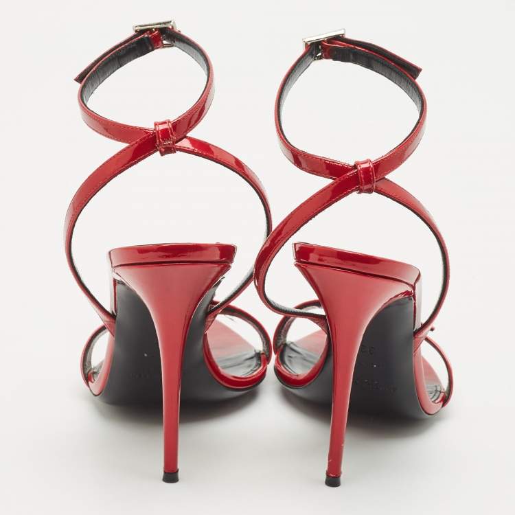 Pre Owned Saint Laurent Red Patent Leather Ankle Strap Sandals Size 39