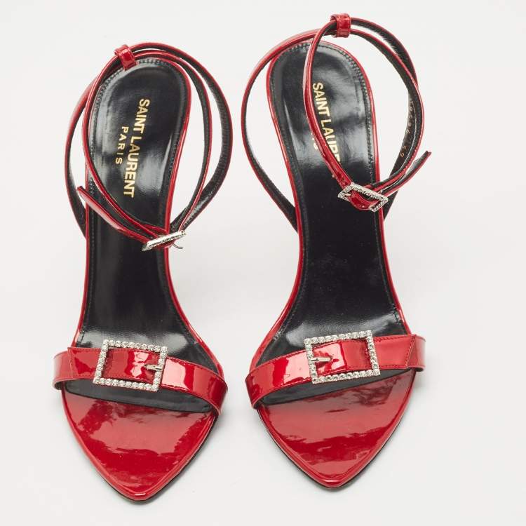 Pre Owned Saint Laurent Red Patent Leather Ankle Strap Sandals Size 39