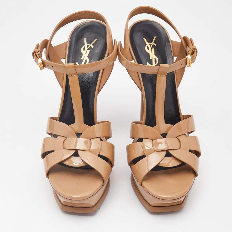 Pre Owned Saint Laurent Beige Patent Leather Tribute Platform Sandals Size 38.5