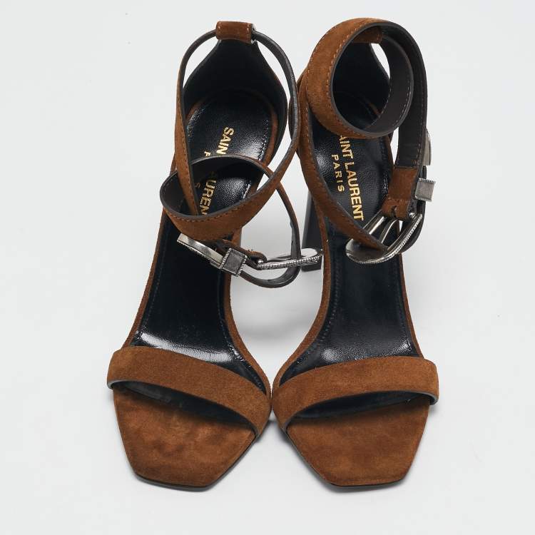 Pre Owned Saint Laurent Olive Green Suede Mica Buckle Western Ankle Strap Sandals Size 38.5
