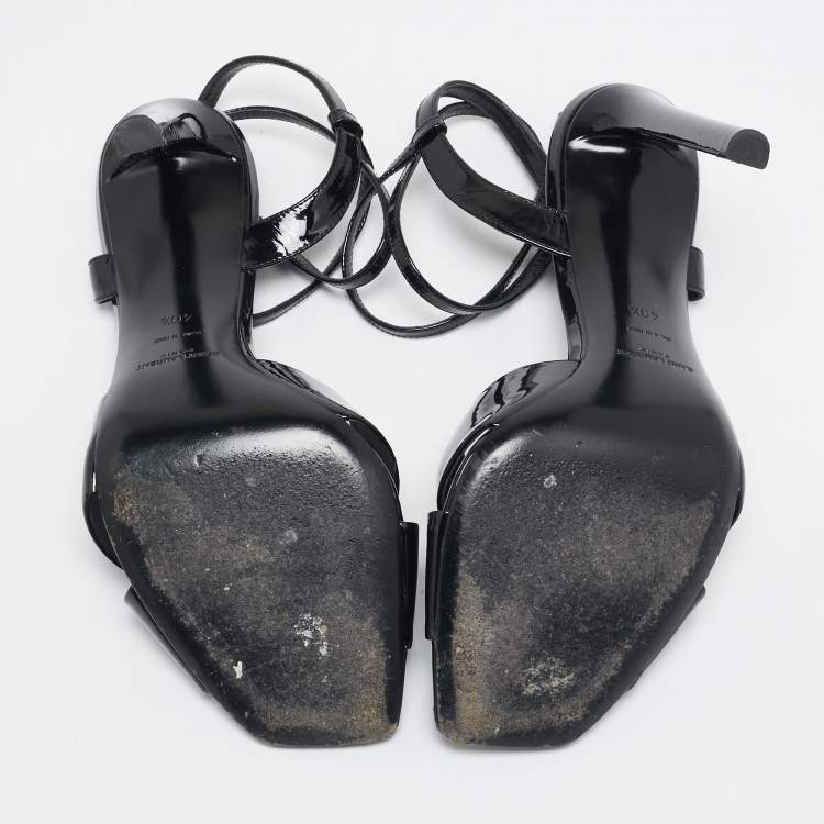 Pre Owned Saint Laurent Black Patent Leather Amy Knot Ankle Strap Sandals Size 40.5