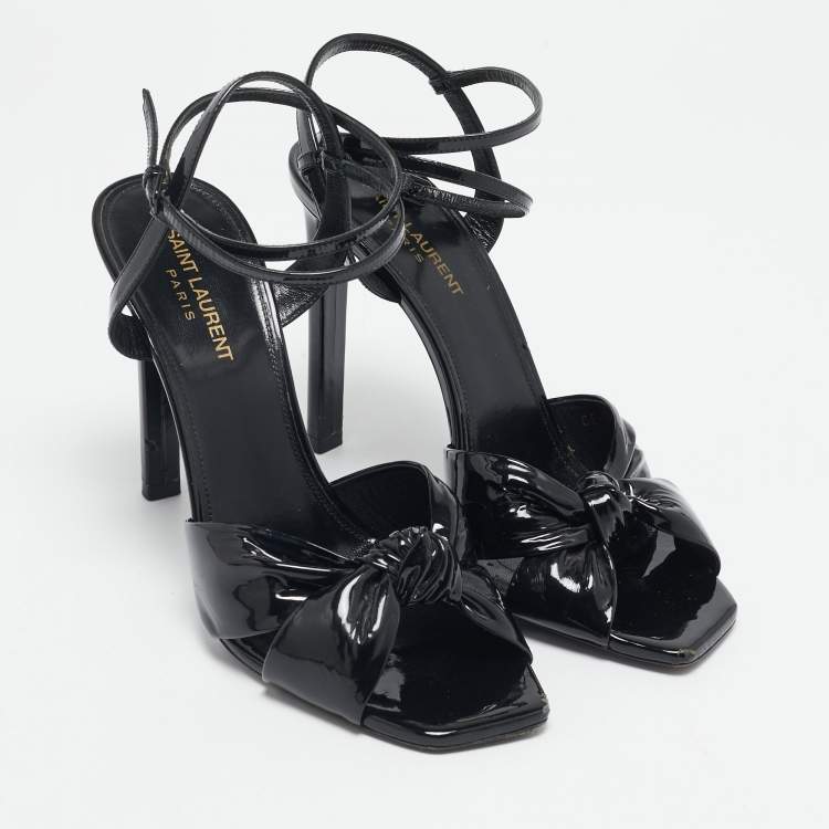 Pre Owned Saint Laurent Black Patent Leather Amy Knot Ankle Strap Sandals Size 40.5