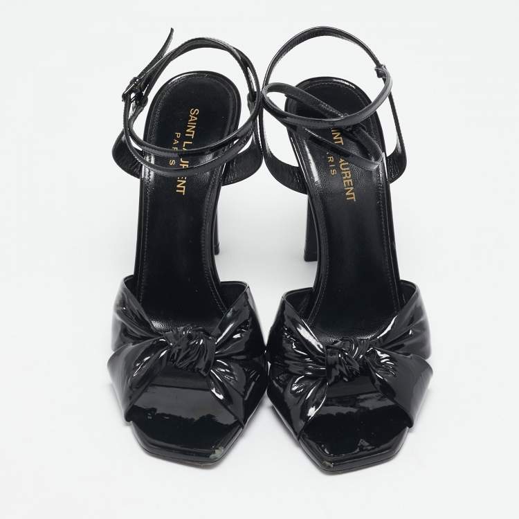 Pre Owned Saint Laurent Black Patent Leather Amy Knot Ankle Strap Sandals Size 40.5